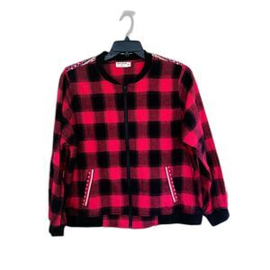 Ruff Hewn Red Black Buffalo Plaid shirt 1X Embroidered Trim Zip Up
